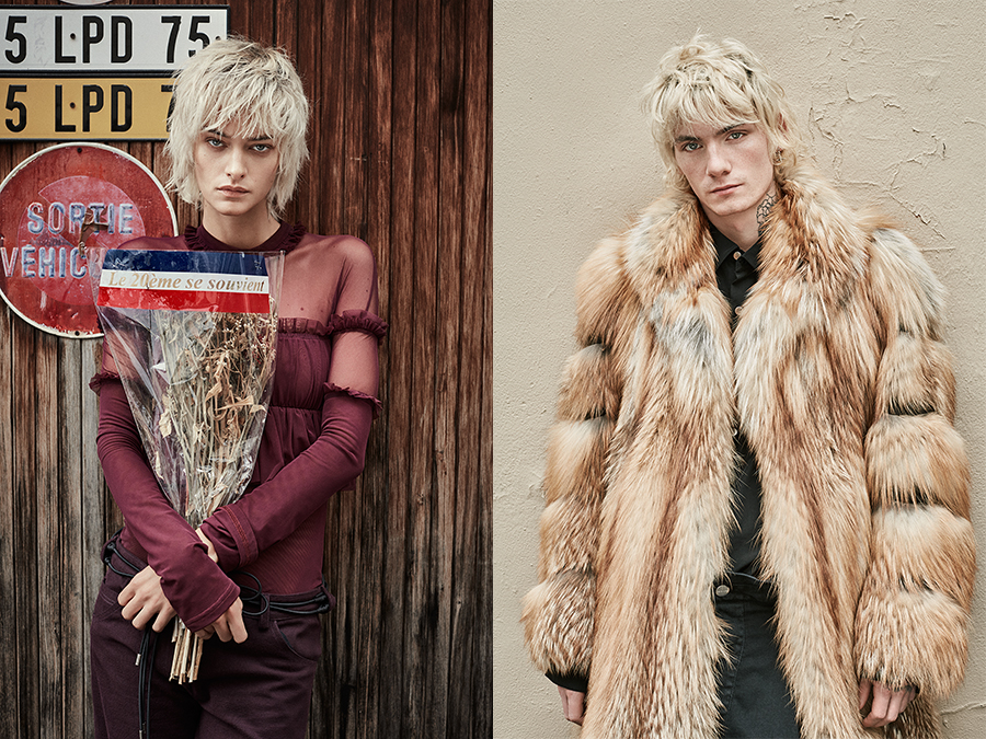  Left: Nadine wears Lea Peckre top and pants. Right: Paul wears a Neith Nyer coat. © René Habermacher